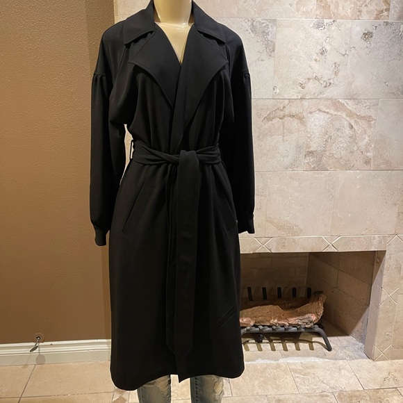 TAHARI black long-line open front trench coat w/belt NWT - Picture 5 of 11